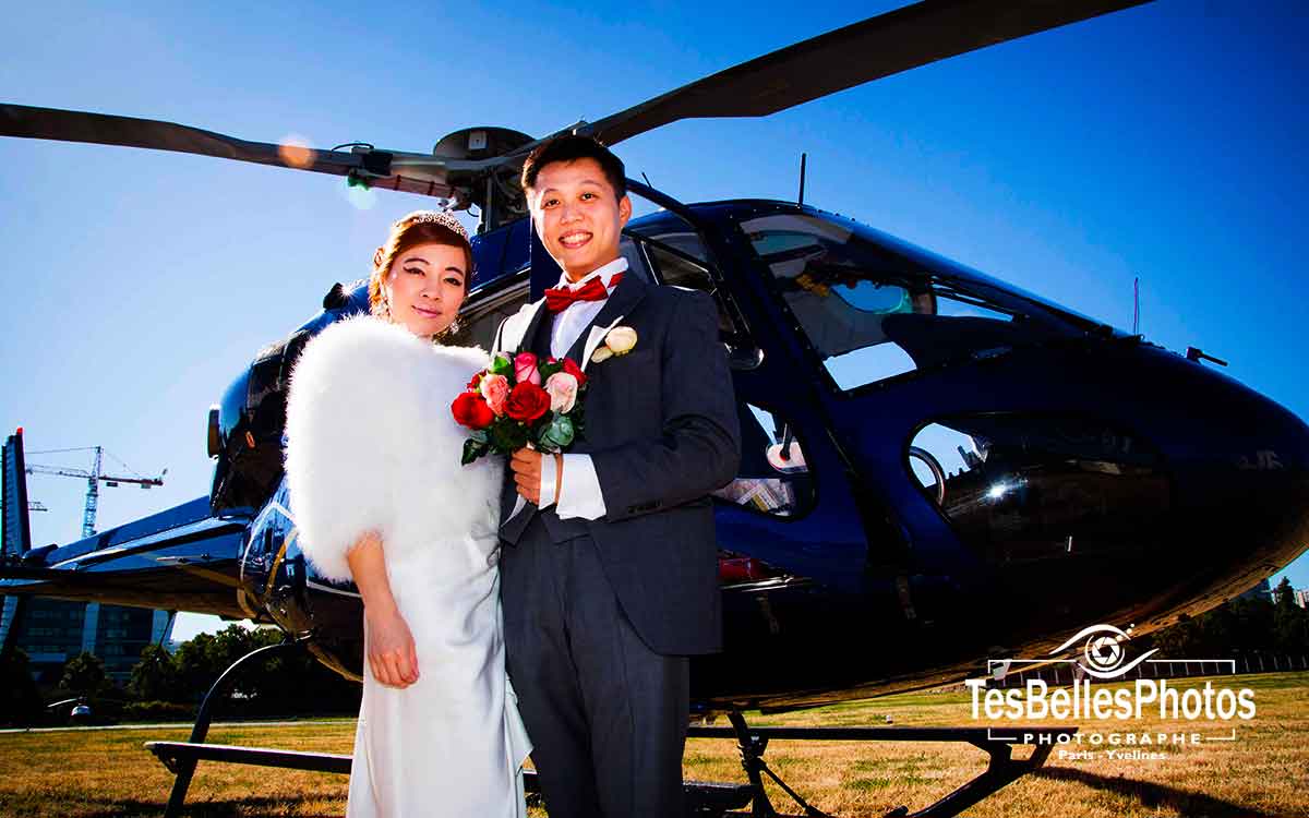 Photo couple en hélicoptère à Paris, session couple chinois luxe & haut de gamme