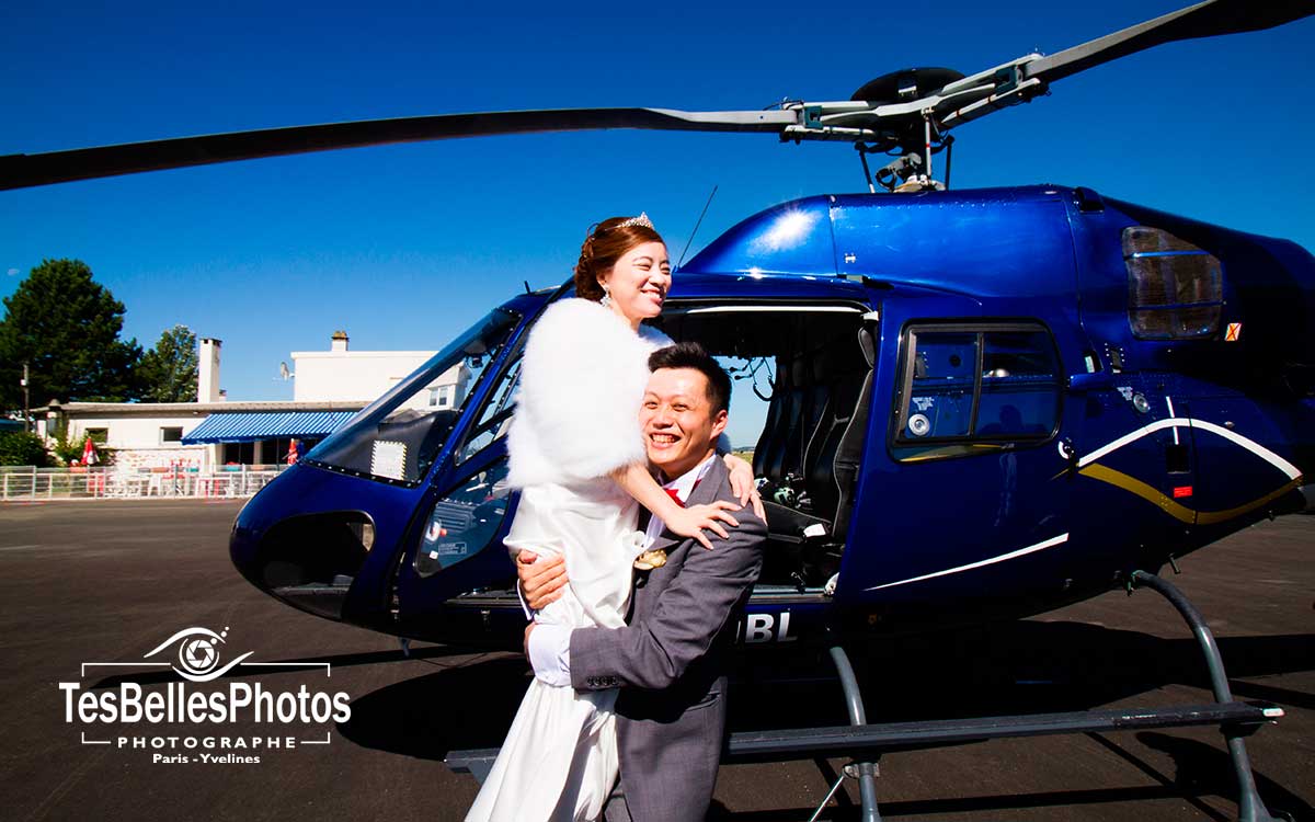 Photo couple pre wedding Paris, shooting photo chinois pre wedding en hélicoptère à Paris (Heliparis)
